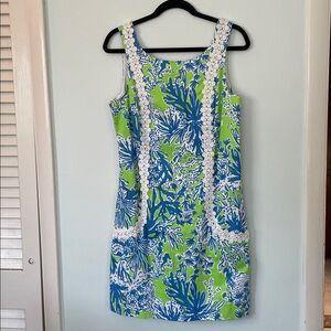 Lilly Pulitzer Blue and Green Floral Shift Dress with White Lace